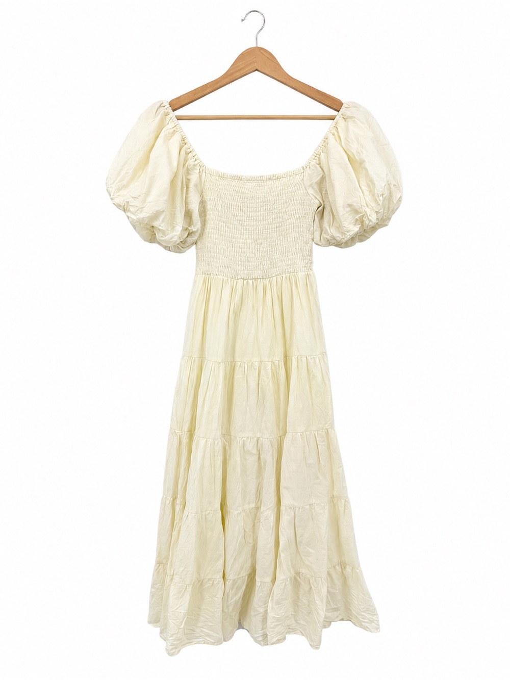 Vestique Cream Cotton Smocked Puff Sleeve Tiered Maxi Dress Women's Medium